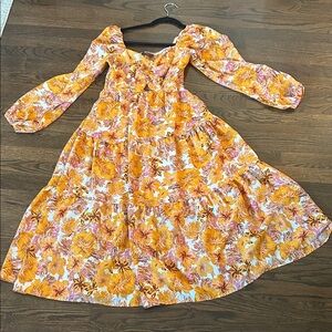 Elegant Floral Midi Dress in Orange and White